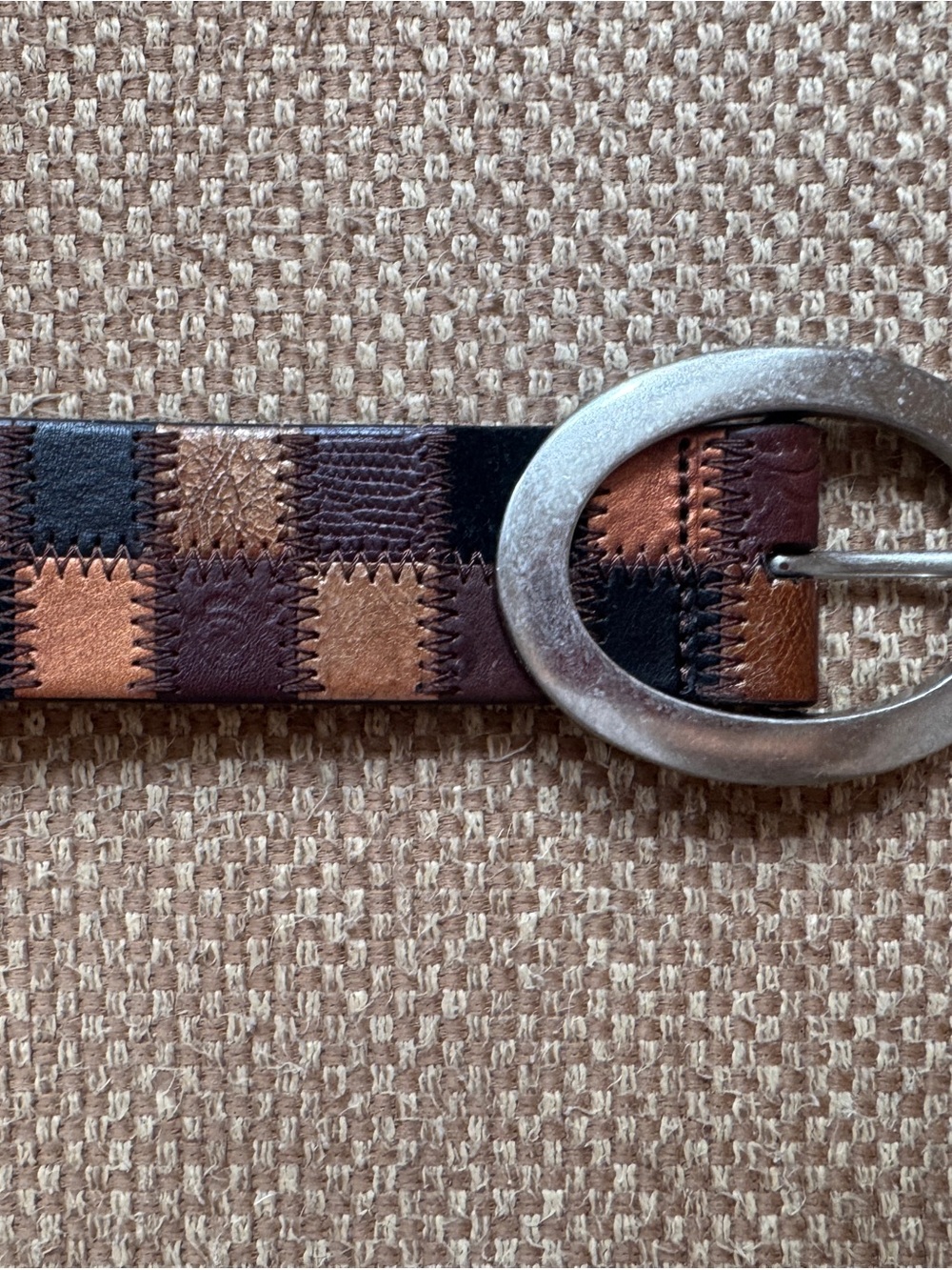 Fossil Leather Patchwork Belt in Brown and Black with Silver Buckle | Small